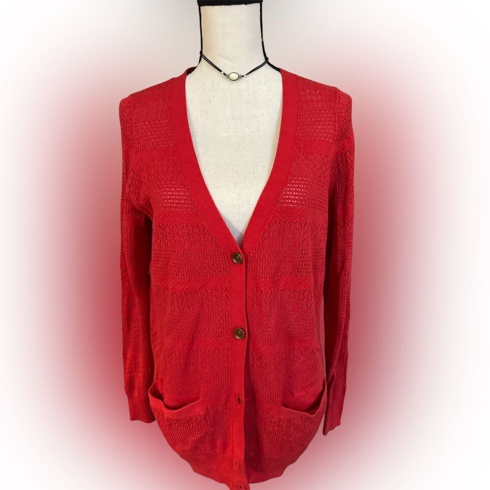 Lucky Brand Red Crochet Cardigan Long Open Knit Boho Medium NWT